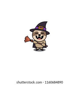 Halloween witch sloth cartoon character, vector illustration
