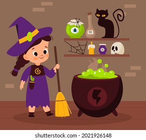 Halloween witch. Sorceress brewing magic potion in cauldron. Cartoon enchantress holding broom. Pot with poison and charmed items, black cat or skull. Wizard's home. Vector concept