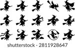 Halloween Witch Spell Book Bundle Black Fill Vector Clipart Collection with Magic Books Scrolls and Ancient Tome Elements Isolated on White Background