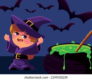 halloween witch spell pot and bats