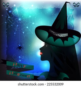 Halloween Witch and Spider - An illustration of a witch in profile next to her a spider spins its web