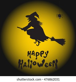 Halloween  witch, spider and moon background. Vector  illustration. 