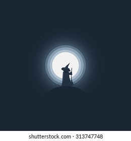 Halloween witch standing in front of full moon. Holiday card template minimalistic artistic cartoon style. Eps10 vector illustration.