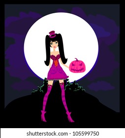 Halloween witch standing with pumpkin