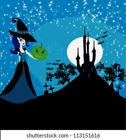  Halloween witch standing with pumpkin
