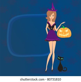 Halloween witch standing with pumpkin