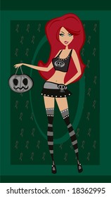 Halloween witch standing with pumpkins