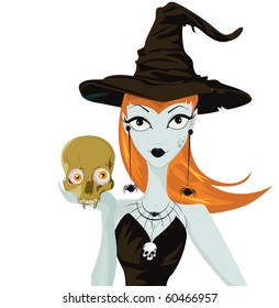 Halloween witch standing with skull