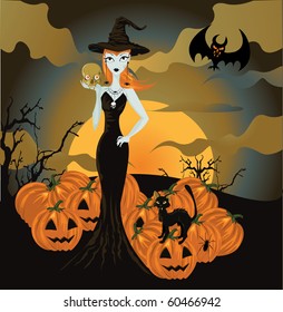 Halloween witch standing with skull and pumpkin