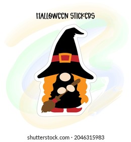 Halloween witch sticker with magic hat and broom. Scandinavian Nordic Gnome. Autumn holidays gnomes for greeting card, halloween t shirt design, print, mug.