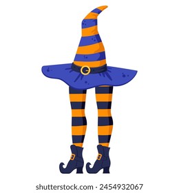 Halloween witch stockings legs. Funny witch legs looking out of hat, Halloween party elements flat vector illustration. Wizard headwear and witch stockings legs