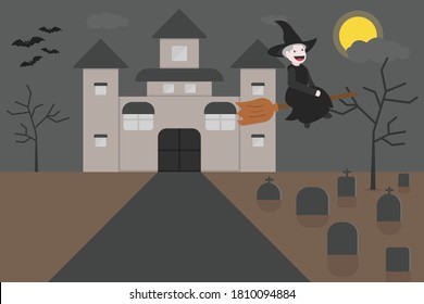 Halloween witch vector concept: Witch flying with a broom above graveyard and castle background at night