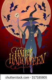 Halloween Witch Vector Illustration. Witch with Bats and a Moon in the Background