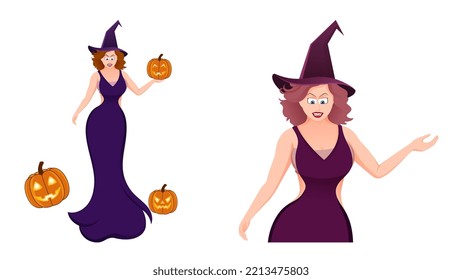 Ilustración vectorial de bruja de Halloween, ilustración vectorial de caracteres brujos
