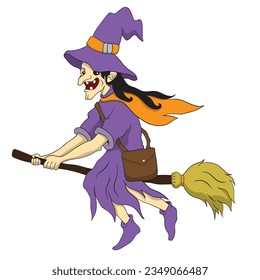 ilustración vectorial de bruja halloween volando con escoba