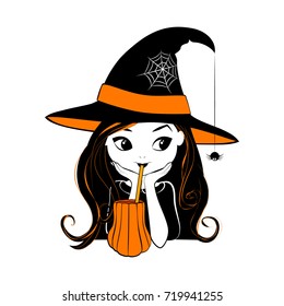 Halloween witch vector illustration isolated on white background. Cartoon cute little witch with pumpkin drink and little spider. Halloween card in black, white and orange colors.