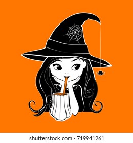 Halloween witch vector illustration isolated on pumpkin red, orange background. Cartoon cute little witch with pumpkin drink and little spider. Halloween card in black, white and orange colors.