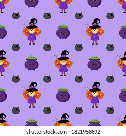 Halloween witch vector pattern with pot and cat. Cartoon style. Kawaii character. Trick or treat. Cute symbols of the holiday. Funny illustration. For fabrics, textiles, backgrounds and papers.