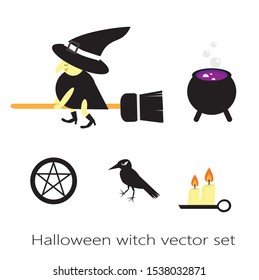 Halloween witch vector set. Witch cartoon character rides the broom, crow,candle,pentagram,cauldron, potion vector.