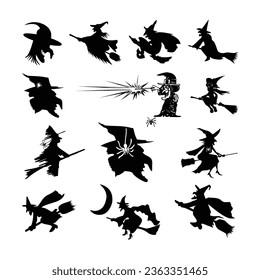 Halloween witch vector silhouette illustration set isolated on a white background