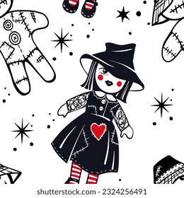 Halloween witch and voodoo dolls seamless pattern. Hand drawn sketch style. Art line. Ink drawing. Halloween night background