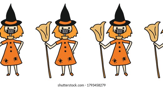Halloween Witch Wearing Face Mask Seamless Vector Border. Corona Halloween 2020 Repeating Border. Cute Hand Drawn Illustration For Kids. Use For Fabric Trim, Cards, Party Invitations.