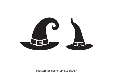 Halloween witch or wizard hat black and white icon on isolated background.