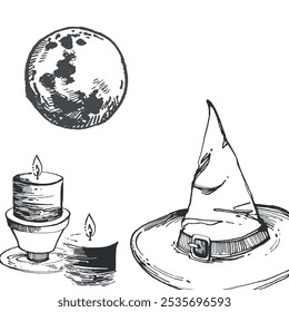 Halloween, sombrero de bruja o mago, luna llena y velas encendidas en candelabros. Ilustración de Halloween. Todos los objetos están dibujados a mano con tinta. Adecuado para imprimir en tela, papel, para postales.