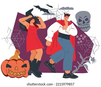 Halloween witch woman and Dracula  man on dark background, flat vector isolated illustration on white backdrop. Halloween party banner or poster layout.