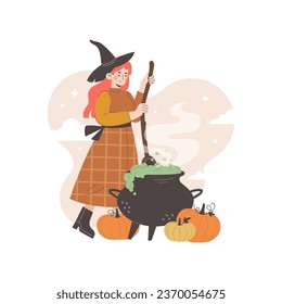 Halloween witch woman in dress. Witchcraft and Wizardry Character Costume. Trick or treat costume for a holiday celebration. Vector in flat style