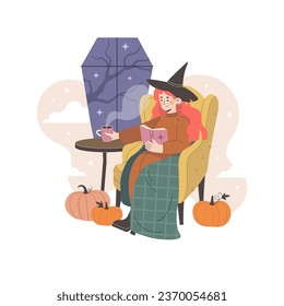 Halloween witch woman in dress. Witchcraft and Wizardry Character Costume. Trick or treat costume for a holiday celebration. Vector in flat style