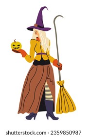 Halloween witch, woman wearing dress, holding carved pumpkin and broom. Witchery and sorcery, character dressing outfit. Trick or treat, costume for holiday party celebration. Vector in flat style