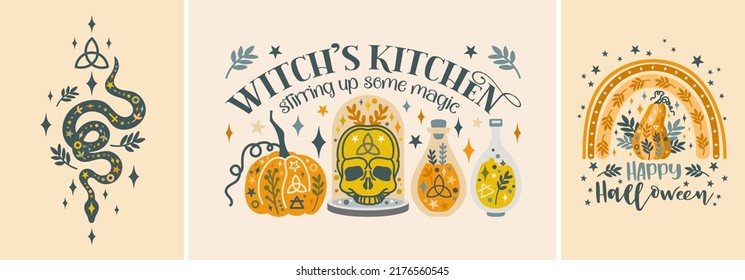 Halloween witchcraft cards vector set. Mystic greeting cards