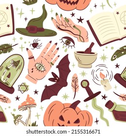 Halloween witchcraft elements, pumpkin and spider doodle seamless pattern. Cute spooky creatures, candle, witch cauldron and potion mushroom vector illustration. Scary holiday celebration background