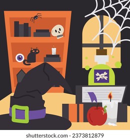 halloween witchcraft haunted room in flat illustration