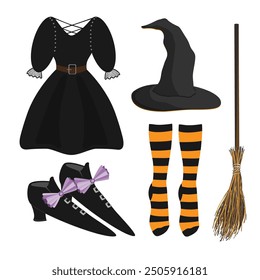 Halloween witchcraft isolated set. Witch Hat, Black Dress, striped socks, shoes and broom. Halloween Costume Set. Vector Illustration