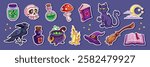 Halloween witchcraft objects cartoon stickers. Witch magic items and Halloween elements. Vector illustrations set. Witch hat, cat, crow, poison bottles, wizard cauldron and other things