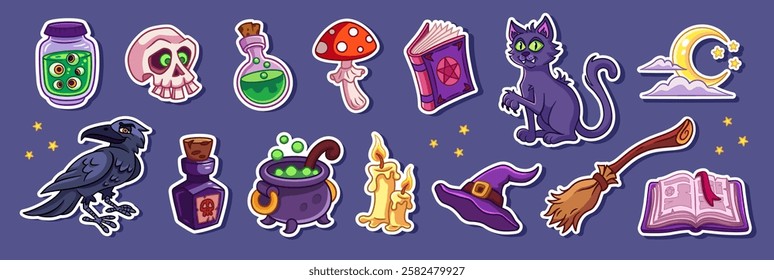 Halloween witchcraft objects cartoon stickers. Witch magic items and Halloween elements. Vector illustrations set. Witch hat, cat, crow, poison bottles, wizard cauldron and other things