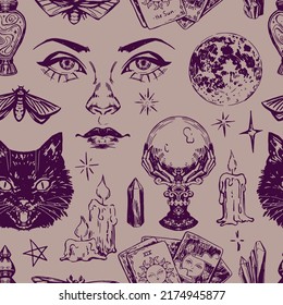 Halloween witchcraft seamless pattern. Ornament of realistic sketches of fortune teller inventory, witch attributes, occult items. Vector illustration in retro engraving style.