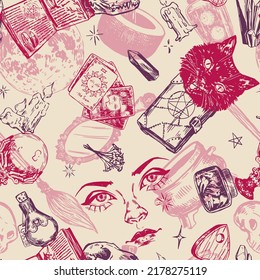 Halloween witchcraft seamless pattern. Ornament of realistic sketches of fortune teller inventory, witch attributes, occult items. Vector illustration in retro engraving style.