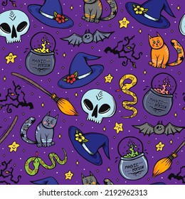 Halloween witchcraft seamless pattern in pop art retro comics style with hand drawn cartoon witch hat, magic potion and other objects