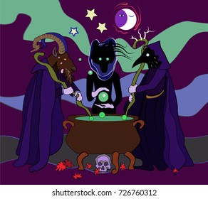 Halloween witchcraft. Three witches, evil spirits: goat headed, wolf and raven in a hooded cloaks, cauldron, moon, skull, autumn leaves, night, magic, occult ritual. Flat vector style illustration. 