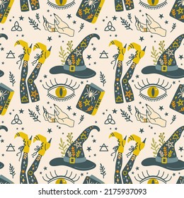 Halloween witchcraft vector seamless pattern. Witch hat, eye, legs, hand, magic book, mystic symbols