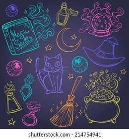 Halloween witches attributes doodles set