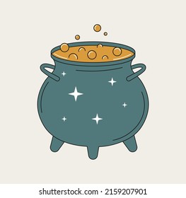 Halloween witches black cauldron with poison potion isolated on white background. Icon image of magical boiling and bubbling pot. Vector illustration.