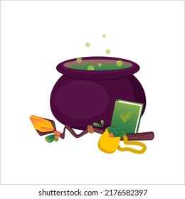 Halloween witches black cauldron with poison potion isolated on white background. Icon image of magical boiling and bubbling pot. Flat cartoon style vector illustration.