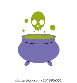 Halloween witches blue cauldron with poison potion isolated on white background. Happy Halloween. Vector illustration.