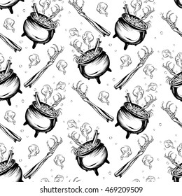 Halloween, witches boiler, Coloring book page design for kids and adults, handmade, potion, vector,seamless pattern