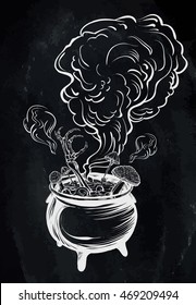 Halloween, witches boiler, potion, vector, Coloring book page design for kids and adults, handmade,Black background