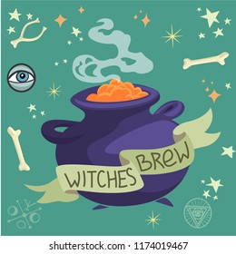 Halloween witches brew in a cauldron. Vector design for prints, tshirts, party posters and banners.